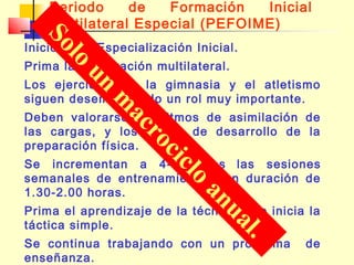 Periodo
de
Formación
Inicial
Multilateral Especial (PEFOIME)

l
So

Inicio de la Especialización Inicial.

o

Prima la preparación multilateral.

un

m

Los ejercicios de la gimnasia y el atletismo
siguen desempeñando un rol muy importante.

ac

Deben valorarse los ritmos de asimilación de
las cargas, y los ritmos de desarrollo de la
preparación física.

ro

c
ci

lo

Se incrementan a 4-5 veces las sesiones
semanales de entrenamiento, con duración de
1.30-2.00 horas.

l
ua
an

Prima el aprendizaje de la técnica y se inicia la
táctica simple.

.

Se continua trabajando con un programa
enseñanza.

de

 