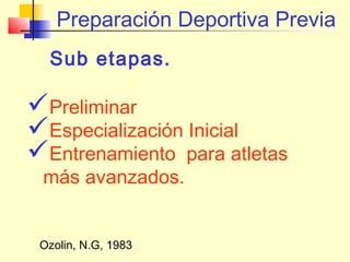 Preparación Deportiva Previa
Sub etapas.

Preliminar
Especialización Inicial
Entrenamiento para atletas
más avanzados.

Ozolin, N.G, 1983

 