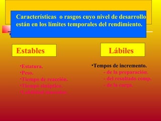 Características o rasgos cuyo nivel de desarrollo
están en los límites temporales del rendimiento.

Estables
•Estatura.
•Peso.
•Tiempo de reacción.
•Tiempo sináptico.
•Labilidad muscular.

Lábiles
•Tempos de incremento.
- de la preparación.
- del resultado comp.
- de la carga.

 
