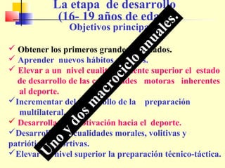 es

.

La etapa de desarrollo
(16- 19 años de edad).

an

ua
l

Objetivos principales.

Un
o

y

do

sm
ac

ro

c ic

lo

 Obtener los primeros grandes resultados.
 Aprender nuevos hábitos motores.
 Elevar a un nivel cualitativamente superior el estado
de desarrollo de las capacidades motoras inherentes
al deporte.
Incrementar del desarrollo de la preparación
multilateral.
 Desarrollar la motivación hacia el deporte.
Desarrollar las cualidades morales, volitivas y
patriótico-deportivas.
Elevar un nivel superior la preparación técnico-táctica.

 