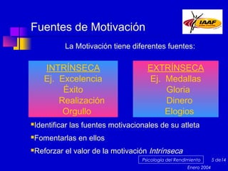 Fuentes de Motivación
La Motivación tiene diferentes fuentes:

INTRÍNSECA
Ej. Excelencia
Éxito
Realización
Orgullo

EXTRÍNSECA
Ej. Medallas
Gloria
Dinero
Elogios



Identificar las fuentes motivacionales de su atleta



Fomentarlas en ellos



Reforzar el valor de la motivación Intrínseca
Psicología del Rendimiento
Enero 2004

5 de14

 
