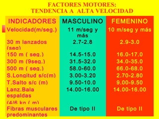 FACTORES MOTORES:
TENDENCIA A ALTA VELOCIDAD
INDICADORES MASCULINO
Velocidad(m/seg.)
30 m lanzados
(seg)
150 m ( seg.)
300 m (9seg.)
500 m ( seg.)
S.Longitud s/c(m)
T.Salto s/c (m)
Lanz.Bala
espaldas
(4/6 kg ( m)
Fibras musculares
predominantes

FEMENINO

11 m/seg y
más
2.7-2.8

10 m/seg y más

14.5-15.0
31.5-32.0
58.0-60.0
3.00-3.20
9.50-10.0
14.00-16.00

16.0-17.0
34.0-35.0
66.0-68.0
2.70-2.80
9.00-9.50
14.00-16.00

De tipo II

De tipo II

2.9-3.0

 