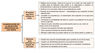 PLANIFICACIÓN EN
LA SELECCIÓN
APROPIADAS DE
LOS TESTS
El motivo
que lleva
utilizar el
tests.
▪ Objetivo de la prueba. ¿Qué es lo que se va a medir con este tests? O
¿cuáles tests se aplicarán para arribar a un diagnostico o predecir un
comportamiento o alcanzar la medición de lo propuesto?
▪ Verificar si el o los tests miden lo que pretendemos medir.
▪ Precisar los fundamentos teóricos – metodológicos que sustentan el tests
seleccionado.
▪ Acreditar la competencia y el desempeño del evaluador en la ejecución
de esa prueba.
▪ Corroborar la confiabilidad del tests en cuanto a la población en la que lo
vamos a ejecutar.
▪ Valorar el costo / beneficio que pueda aportar para su uso, tanto en
tiempo como en lo personal.
▪ Conocer los requisitos del tests para aplicarlo.
▪ Tener previsto el tiempo de duración del tests.
▪ Manejar cuáles tests se pueden aplicar en una misma sesión y cuales no.
Razones
para
controlar el
empleo de
los tests
▪ Existen tres razones fundamentales para controlar el uso de los tests.
▪ Impedir una familiaridad general en el contenido de los tests.
▪ Asegurarse de que el tests sea aplicado por un evaluador competente.
▪ Desvirtuar los resultados de los tests.
 