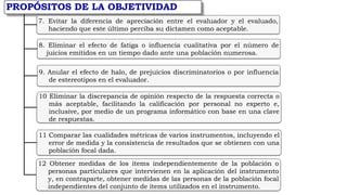 PROPÓSITOS DE LA OBJETIVIDAD
7. Evitar la diferencia de apreciación entre el evaluador y el evaluado,
haciendo que este último perciba su dictamen como aceptable.
8. Eliminar el efecto de fatiga o influencia cualitativa por el número de
juicios emitidos en un tiempo dado ante una población numerosa.
9. Anular el efecto de halo, de prejuicios discriminatorios o por influencia
de estereotipos en el evaluador.
10 Eliminar la discrepancia de opinión respecto de la respuesta correcta o
más aceptable, facilitando la calificación por personal no experto e,
inclusive, por medio de un programa informático con base en una clave
de respuestas.
11 Comparar las cualidades métricas de varios instrumentos, incluyendo el
error de medida y la consistencia de resultados que se obtienen con una
población focal dada.
12 Obtener medidas de los ítems independientemente de la población o
personas particulares que intervienen en la aplicación del instrumento
y, en contraparte, obtener medidas de las personas de la población focal
independientes del conjunto de ítems utilizados en el instrumento.
 