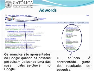 O anúncio é apresentado junto dos resultados de pesquisa.  Os anúncios são apresentados no Google quando as pessoas pesquisam utilizando uma das suas palavras-chave no Google. Adwords 