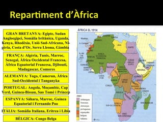 GRAN BRETANYA: Egipte, Sudan
 Angloegipci, Somàlia britànica, Uganda,
Kenya, Rhodèsia, Unió Sud-Africana, Ni-
gèria, Costa d’Or, Serra Lleona, Gàmbia

  FRANÇA: Algèria, Tunis, Marroc,
  Senegal, Àfrica Occidental Francesa,
  Àfrica Equatorial Francesa, Djibouti,
         Madagascar, Comores
 ALEMANYA: Togo, Camerun, Àfrica
    Sud-Occidental i Tanganyka
 PORTUGAL: Angola, Moçambic, Cap
Verd, Guinea-Bissau, Sao Tomé i Príncep
  ESPANYA: Sàhara, Marroc, Guinea
     Equatorial i Fernando Poo
ITÀLIA: Somàlia Italiana, Eritrea i Líbia

        BÈLGICA: Congo Belga
 
