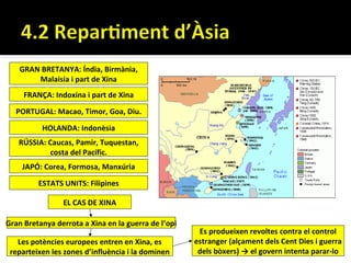 GRAN BRETANYA: Índia, Birmània,
        Malaisia i part de Xina
     FRANÇA: Indoxina i part de Xina

  PORTUGAL: Macao, Timor, Goa, Diu.

          HOLANDA: Indonèsia
   RÚSSIA: Caucas, Pamir, Tuquestan,
           costa del Pacífic.
    JAPÓ: Corea, Formosa, Manxúria

         ESTATS UNITS: Filipines

                EL CAS DE XINA

Gran Bretanya derrota a Xina en la guerra de l’opi
                                                      Es produeixen revoltes contra el control
   Les potències europees entren en Xina, es         estranger (alçament dels Cent Dies i guerra
 reparteixen les zones d’influència i la dominen      dels bòxers) → el govern intenta parar-lo
 