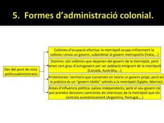 Colònies d’ocupació efectiva: la metròpoli ocupa militarment la
                         colònia i envia un govern, subordinat al govern metropolità (Índia,...)
                          Dominis: són colònies que depenen del govern de la metròpoli, però
                        tenen cert grau d’autogovern per ser població emigrant de la metròpoli
Des del punt de vista                            (Canadà, Austràlia,...)
politicoadministratiu
                        Protectorats: territoris que conserven en teoria un govern propi, però en
                         la pràctica és un “govern titella” sotmés a la metròpoli (Egipte, Marroc)
                        Àrees d’influència política: països independents, però el seu govern no
                        pot prendre decisions contràries als interessos de la metròpoli que els
                                   controla econòmicament (Argentina, Portugal,...)
 