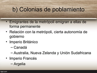 b) Colonias de poblamiento
• Emigrantes de la metrópoli emigran a ellas de
forma permanente
• Relación con la metrópoli, cierta autonomía de
gobierno
• Imperio Británico
– Canadá
– Australia, Nueva Zelanda y Unión Sudafricana
• Imperio Francés
– Argelia
 
