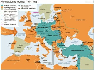 PRIMERA GUERRA MUNDIAL: fue un conflicto armado entre potencias
europeas entre 1914-1919, causado por factores imperialistas y
nacionalistas. La implicación de las colonias como territorio de
enfrentamiento (África y Asia) y la entrada de los Estados Unidos de
América, hicieron que la guerra se extendiese por todo el mundo.
 