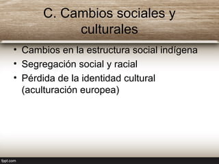 C. Cambios sociales y
culturales
• Cambios en la estructura social indígena
• Segregación social y racial
• Pérdida de la identidad cultural
(aculturación europea)
 