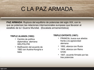 C LA PAZ ARMADA
TRIPLE ALIANZA (1882):
• Cambio de política
diplomática alemana:
WELPOLITIK
• Ratificación del acuerdo de
1882 con Austria-Hungría e
Italia
TRIPLE ENTENTE (1907):
• FRANCIA, busca sus aliados
frente a la agresividad
alemana
• 1892, alianza con Rusia
• 1904, alianza con Reino
Unido
• 1907, acuerdo firmado por las
tres potencias
PAZ ARMADA: Ruptura del equilibrio de potencias del siglo XIX, con lo
que se polarizan las relaciones internacionales europeas que llevaran al
estallido de la I Guerra Mundial. (Escalada armamentística)
 