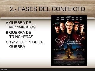2.- FASES DEL CONFLICTO
A GUERRA DE
MOVIMIENTOS
B GUERRA DE
TRINCHERAS
C 1917, EL FIN DE LA
GUERRA
 