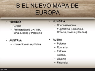 B EL NUEVO MAPA DE
EUROPA
• TURQUÍA:
– Grecia
– Protectorados UK: Irak,
Siria, Líbano y Palestina
• AUSTRIA:
– convertida en república
• HUNGRÍA:
– Checoslovaquia
– Yugoslavia (Eslovenia,
Croacia, Bosnia y Serbia)
• RUSIA:
– Polonia
– Rumanía
– Estonia
– Letonia
– Lituania
– Finlandia
 