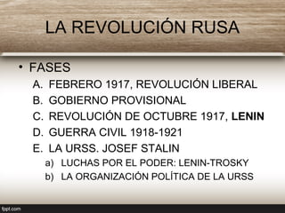 LA REVOLUCIÓN RUSA
• FASES
A. FEBRERO 1917, REVOLUCIÓN LIBERAL
B. GOBIERNO PROVISIONAL
C. REVOLUCIÓN DE OCTUBRE 1917, LENIN
D. GUERRA CIVIL 1918-1921
E. LA URSS. JOSEF STALIN
a) LUCHAS POR EL PODER: LENIN-TROSKY
b) LA ORGANIZACIÓN POLÍTICA DE LA URSS
 