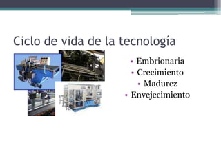 Ciclo de vida de la tecnología
• Embrionaria
• Crecimiento
• Madurez
• Envejecimiento
 