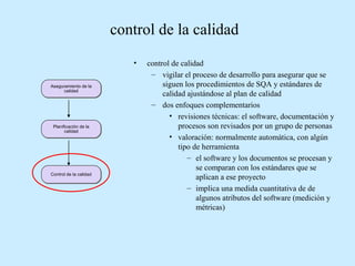 control de la calidad
•
Aseguramiento de la
Aseguramiento de la
calidad
calidad

Planificación de la
Planificación de la
calidad
calidad

Control de la calidad
Control de la calidad

control de calidad
– vigilar el proceso de desarrollo para asegurar que se
siguen los procedimientos de SQA y estándares de
calidad ajustándose al plan de calidad
– dos enfoques complementarios
• revisiones técnicas: el software, documentación y
procesos son revisados por un grupo de personas
• valoración: normalmente automática, con algún
tipo de herramienta
– el software y los documentos se procesan y
se comparan con los estándares que se
aplican a ese proyecto
– implica una medida cuantitativa de de
algunos atributos del software (medición y
métricas)

 