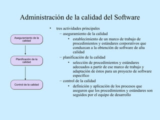 Administración de la calidad del Software
•
Aseguramiento de la
calidad

Planificación de la
calidad

Control de la calidad

tres actividades principales
– aseguramiento de la calidad
• establecimiento de un marco de trabajo de
procedimientos y estándares corporativos que
conduzcan a la obtención de software de alta
calidad
– planificación de la calidad
• selección de procedimientos y estándares
adecuados a partir de ese marco de trabajo y
adaptación de éstos para un proyecto de software
específico
– control de la calidad
• definición y aplicación de los procesos que
aseguren que los procedimientos y estándares son
seguidos por el equipo de desarrollo

 