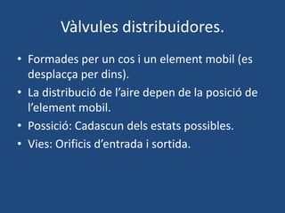 Vàlvules distribuidores.
• Formades per un cos i un element mobil (es
desplacça per dins).
• La distribució de l’aire depen de la posició de
l’element mobil.
• Possició: Cadascun dels estats possibles.
• Vies: Orificis d’entrada i sortida.
 