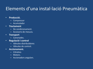Elements d’una instal·lació Pneumàtica
• Producció.
– Compressor
– Acumulador
• Tractament
– De condicionament.
– Accesoris de mesura.
• Transport
– Canonades.
• Regulació i control
– Vàlvules distribuïdores
– Vàlvules de control.
• Accionament.
– Cilindres
– Motors.
– Accionadors angulars.
 