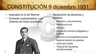 CONSTITUCIÓN 9 diciembre 1931
• Inspirada en la de Weimar      • Declaración de derechos y
• Comisión parlamentaria: Luís     deberes:
  Jiménez de Asúa (socialista)      –   Derecho a voto femenino
                                    –   Matrimonio civil
                                    –   Divorcio
                                    –   Educación primaria obligatoria y
                                        gratuita
                                    –   Derecho a la propiedad privada
                                    –   Radical división de poderes
                                    –   Juicio por jurado
                                    –   Tribunal de Garantías
                                        constitucionales
 