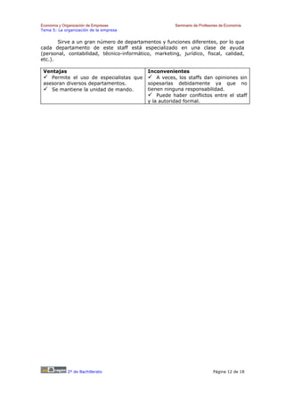Economía y Organización de Empresas                   Seminario de Profesores de Economía
Tema 5: La organización de la empresa


       Sirve a un gran número de departamentos y funciones diferentes, por lo que
cada departamento de este staff está especializado en una clase de ayuda
(personal, contabilidad, técnico-informático, marketing, jurídico, fiscal, calidad,
etc.).

 Ventajas                                  Inconvenientes
    Permite el uso de especialistas que        A veces, los staffs dan opiniones sin
 asesoran diversos departamentos.          sopesarlas debidamente ya que no
    Se mantiene la unidad de mando.        tienen ninguna responsabilidad.
                                               Puede haber conflictos entre el staff
                                           y la autoridad formal.




             2º de Bachillerato                                           Página 12 de 18
 