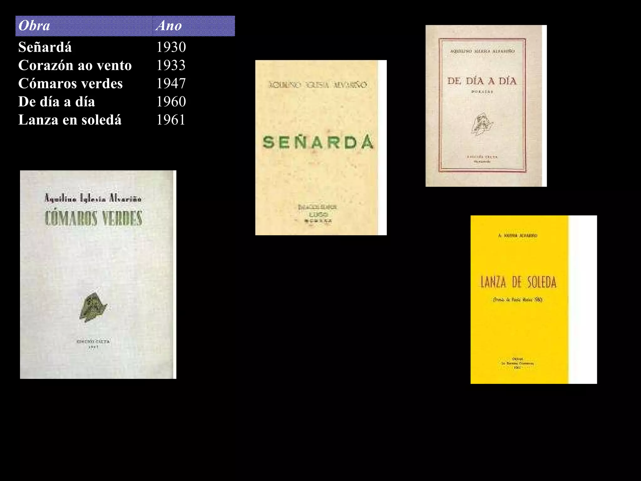 Obra Ano Señardá Corazón ao vento Cómaros verdes De día a día Lanza en soledá 1930 1933 1947 1960 1961 