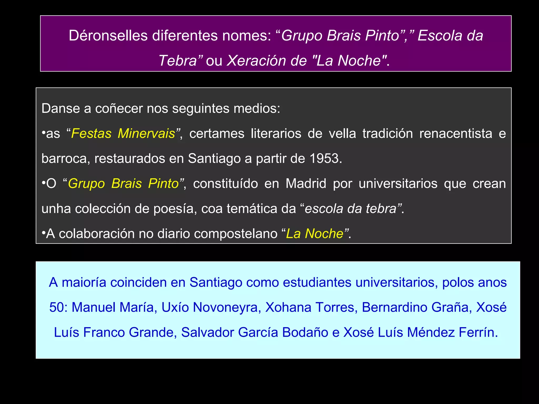 Danse a coñecer nos seguintes medios:  as “ Festas Minervais ” , certames literarios de vella tradición renacentista e barroca, restaurados en Santiago a partir de 1953.  O “ Grupo Brais Pinto ” , constituído en Madrid por universitarios que crean unha colección de poesía, coa temática da “ escola da tebra” .  A colaboración no diario compostelano “ La Noche ” .  A maioría coinciden en Santiago como estudiantes universitarios, polos anos 50: Manuel María, Uxío Novoneyra, Xohana Torres, Bernardino Graña, Xosé Luís Franco Grande, Salvador García Bodaño e Xosé Luís Méndez Ferrín.  Déronselles diferentes nomes: “ Grupo Brais Pinto”,” Escola da Tebra”  ou  Xeración de "La Noche" .  