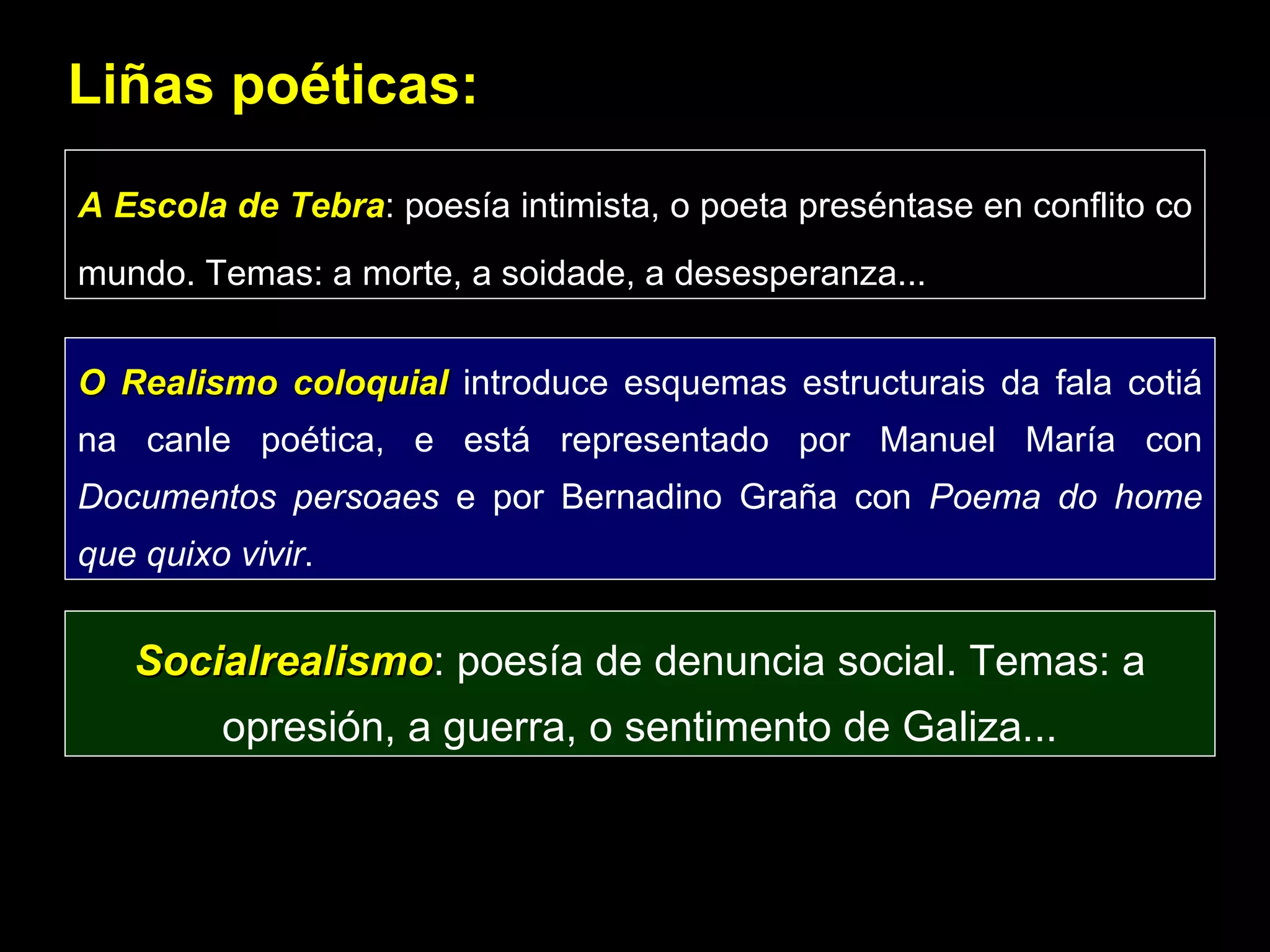 Liñas poéticas: A Escola de Tebra : poesía intimista, o poeta preséntase en conflito co mundo. Temas: a morte, a soidade, a desesperanza... O Realismo coloquial  introduce esquemas estructurais da fala cotiá na canle poética, e está representado por Manuel María con  Documentos persoaes  e por Bernadino Graña con  Poema do home que quixo vivir . Socialrealismo : poesía de denuncia social. Temas: a opresión, a guerra, o sentimento de Galiza... 