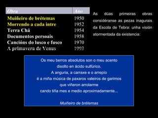 As dúas primeiras obras considéranse as pezas inagurais da Escola de Tebra: unha visión atormentada da existencia: Os meu berros absolutos son o meu acento disolto en ácido sulfúrico. A anguria, a carraxe e o arrepío é a miña música de paxaros valeiros de garimos que viñeron arrolarme cando tiña mes e medio aproximadamente... Muiñeiro de brétemas 1950 1952 1954 1958 1970 1993 Muiñeiro de brétemas Morrendo a cada intre Terra Chá Documentos persoais Cancións do lusco e fusco A primavera de Venus Ano Obra 