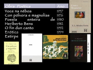 2005 200 4 1957 1976 1980 1982 1992 1994 Voce na néboa Con pólvora e magnolias Poesía enteira de Heriberto Bens O fin dun canto Erótica Estirpe Ano Obra  Poética 