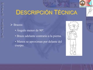 7
 Brazos:
• Ángulo menor de 90º.
• Brazo adelante contrario a la pierna.
• Manos se aproximan por delante del
cuerpo.
DESCRIPCIÓN TÉCNICA
 