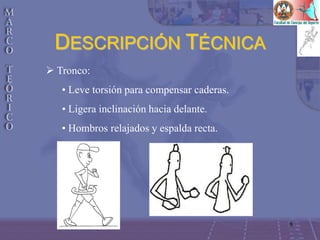 8
 Tronco:
• Leve torsión para compensar caderas.
• Ligera inclinación hacia delante.
• Hombros relajados y espalda recta.
DESCRIPCIÓN TÉCNICA
 