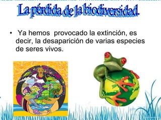 Ya hemos  provocado la extinción, es decir, la desaparición de varias especies de seres vivos. La pérdida de la biodiversidad. 