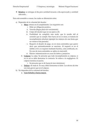 Derecho Empresarial 1º Empresa y tecnología Melanie Nogué Fructuoso
10
 Relativo: se entregue al día pero cantidad inexacta o día equivocado y cantidad
adecuada…
Esto está sometido a causas, las cuales se diferencian entre:
a) Dependen de la voluntad del deudor:
a. Mora: retraso en el cumplimiento. Los requisitos son:
i. Debe ser obligación positiva.
ii. Vencida (llegue plazo de vencimiento).
iii. Culpa del deudor (que no sea ajeno a él).
iv. Posibilidad de cumplirlo más tarde: que le resulte útil al
acreedor que se cumpla. Sino fuera así no es mora, se trataría de
incumplimiento absoluto (ejemplo los músicos de una fiesta que
no vienen el día pactado).
v. Requerir al deudor de pago, no en mora automática que quiere
decir que automáticamente se sanciona. Al requerir es en el
ámbito civil y se requiere mediante burofax, carta certificada, etc.
En caso de mora automática se aplica en mercantil.
vi. Efectos: indemnización en causa de daños y perjuicios.
b. Culposo: la culpa. Se presume que todo incumplimiento es culposo, si
no es así se debe demostrar lo contrario. Se refiere a la negligencia. El
culposo termina en juicios.
i. Se presume que es de buena fe (son sinónimos).
c. Doloso: de mala fe. Es muy difícil demostrar el dolo. Los efectos de éste
son más graves que en el culposo.
b) No dependen de la voluntad del deudor:
a. Caso fortuito y fuerza mayor.
 