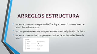 • Las estructuras son arreglos de MATLAB que tienen “contenedores de
datos” llamados campos.
• Los campos de una estructura pueden contener cualquier tipo de datos.
• Las estructuras son las componentes básicas de las llamadas “base de
datos”.
 