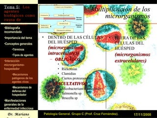 Multiplicación de los microrganismos DENTRO DE LAS CÉLULAS DEL HUÉSPED  (microrganismos intracelulares) OBLIGADOS Virus Rickettsias Clamidias Ciertos protozoos FACULTATIVOS Micobacterium tuberculosis Salmonella sp Brucella sp FUERA DE LAS CÉLULAS DEL HUÉSPED  (microrganismos extracelulares) 17/11/2008 Patología General. Grupo C (Prof. Cruz Fernández). 