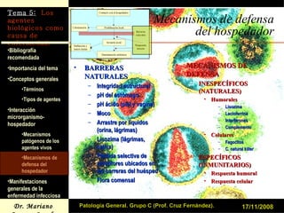 Mecanismos de defensa del hospedador BARRERAS NATURALES Integridad estructural pH del estómago pH ácido (piel y vagina) Moco Arrastre por líquidos (orina, lágrimas) Lisozima (lágrimas, saliva) Pérdida selectiva de receptores ubicados en las barreras del huésped Flora comensal MECANISMOS DE DEFENSA INESPECÍFICOS (NATURALES) Humorales Lisozima Lactoferrina Interferones Complemento Celulares Fagocitos C. natural killer ESPECÍFICOS (INMUNITARIOS) Respuesta humoral Respuesta celular 17/11/2008 Patología General. Grupo C (Prof. Cruz Fernández). 