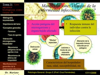Manifestaciones clínicas de la enfermedad infecciosa: ¿cómo? Acción patógena del microrganismo y órgano/tejido afectado Respuesta inmune del individuo contra la infección 17/11/2008 Patología General. Grupo C (Prof. Cruz Fernández). Características del hospedador: raza, edad, susceptibilidad, etc Destrucción celular Lesiones a través de una respuesta inflamatoria Alteración de la respuesta inmune inducida por el patógeno “ Efectos” especiales 