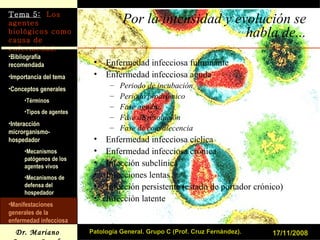 Por la intensidad y evolución se habla de... Enfermedad infecciosa fulminante Enfermedad infecciosa aguda Periodo de incubación Periodo prodrómico Fase aguda Fase de resolución Fase de convalecencia Enfermedad infecciosa cíclica Enfermedad infecciosa crónica Infección subclínica Infecciones lentas Infección persistente (estado de portador crónico) Infección latente 17/11/2008 Patología General. Grupo C (Prof. Cruz Fernández). 
