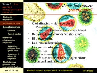 Enfermedades infecciosas  ¿emergentes? Globalización – viajes aéreos Pandemias Aparición de infecciones fuera de su lugar habitual Rebrotes de infecciones “controladas” El bioterrorismo Los inmunodeprimidos Las nuevas infecciones VIH/SIDA Mal de las vacas locas Las resistencias bacterianas / agotamiento del arsenal antibacteriano 17/11/2008 Patología General. Grupo C (Prof. Cruz Fernández). 