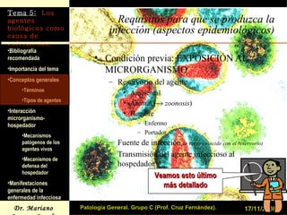 Requisitos para que se produzca la infección (aspectos epidemiológicos) Condición previa: EXPOSICIÓN AL MICRORGANISMO Reservorio del agente Ambiental Animal (    zoonosis ) Hombre Enfermo Portador Fuente de infección  (a veces coincide con el reservorio) Transmisión del agente infeccioso al hospedador 17/11/2008 Patología General. Grupo C (Prof. Cruz Fernández). Veamos esto último más detallado 