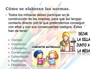Cómo se elaboran las normas.
   Todos los niños/as deben participar en la
    construcción de las mismas, para que así tengan
    contacto directo con lo que pretendemos conseguir
    con ellas y con sus consecuentes castigos. Éstas
    han de tener:

       Claridad.
       Concreción.
       Coherencia.
       Consecuencia.
       Colaboración.
       Positivismo.
       Flexibilidad.
 