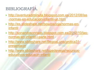 BIBLIOGRAFÍA.
   http://aventuradiminuta.blogspot.com.es/2012/08/las
    -normas-en-educacion-infantil-un.html
   http://es.slideshare.net/boscosrioja/normas-en-
    infantil
   http://sonandosonrisas.blogspot.com.es/2012/10/las-
    normas-en-infantil-i-parte.html
   http://www.slideshare.net/BegoaLuna/prctica31-
    presentacin
   http://www.slideshare.net/lopedevega/recursos-
    educativos-educacin-infantil
 