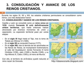 3. CONSOLIDACIÓN Y AVANCE DE LOS
REINOS CRISTIANOS.
14
3.1. CONSOLIDACIÓN Y AVANCE DE LOS REINOS CRISTIANOS.
http://clasesconarte.blogspot.com/
Castilla y León se consolidó como un reino único en
1230, cuando Fernando III unió definitivamente
ambos territorios, que hasta entonces habían
atravesado por diversos momentos de unión y
separación. La expansión territorial pasó por varias
etapas:
- En el siglo XI llegó hasta el Tajo, tras la toma de
Toledo por Alfonso VI (1085).
- En el siglo XII se conquistó Cuenca (1177).
- En el siglo XIII, tras la derrota de los almohades en
las Navas de Tolosa, se incorporaron Extremadura;
el valle del Guadalquivir, donde Fernando III tomó
Córdoba (1236), Jaén (1246) y Sevilla (1248), y su
hijo Alfonso X, Cádiz (1265) y el reino de Murcia.
Con ello, el territorio de al-Ándalus quedó reducido al
reino nazarí de Granada.
Durante los siglos XI, XII y XIII, los estados cristianos peninsulares se consolidaron como
reinos. Los más destacados fueron:
 