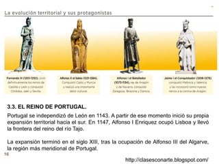 16
http://clasesconarte.blogspot.com/
Portugal se independizó de León en 1143. A partir de ese momento inició su propia
expansión territorial hacia el sur. En 1147, Alfonso I Enriquez ocupó Lisboa y llevó
la frontera del reino del río Tajo.
La expansión terminó en el siglo XIII, tras la ocupación de Alfonso III del Algarve,
la región más meridional de Portugal.
3.3. EL REINO DE PORTUGAL.
 