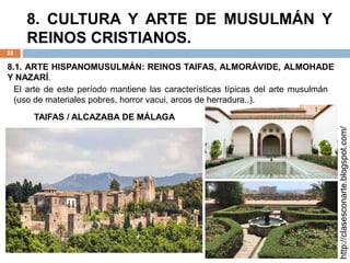 8. CULTURA Y ARTE DE MUSULMÁN Y
REINOS CRISTIANOS.
28
8.1. ARTE HISPANOMUSULMÁN: REINOS TAIFAS, ALMORÁVIDE, ALMOHADE
Y NAZARÍ.
http://clasesconarte.blogspot.com/
El arte de este período mantiene las características típicas del arte musulmán
(uso de materiales pobres, horror vacui, arcos de herradura..).
TAIFAS / ALCAZABA DE MÁLAGA
 