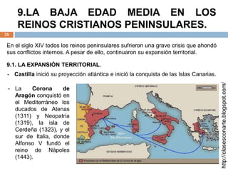 9.LA BAJA EDAD MEDIA EN LOS
REINOS CRISTIANOS PENINSULARES.
35
9.1. LA EXPANSIÓN TERRITORIAL.
http://clasesconarte.blogspot.com/
En el siglo XIV todos los reinos peninsulares sufrieron una grave crisis que ahondó
sus conflictos internos. A pesar de ello, continuaron su expansión territorial.
- La Corona de
Aragón conquistó en
el Mediterráneo los
ducados de Atenas
(1311) y Neopatria
(1319), la isla de
Cerdeña (1323), y el
sur de Italia, donde
Alfonso V fundó el
reino de Nápoles
(1443).
- Castilla inició su proyección atlántica e inició la conquista de las Islas Canarias.
 