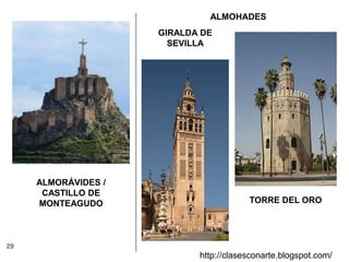 29
http://clasesconarte.blogspot.com/
ALMOHADES
GIRALDA DE
SEVILLA
TORRE DEL ORO
ALMORÁVIDES /
CASTILLO DE
MONTEAGUDO
 