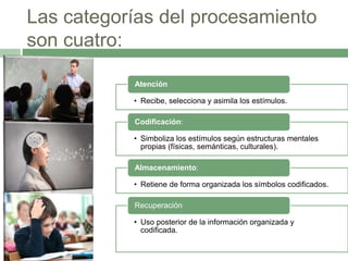 Las categorías del procesamiento
son cuatro:
• Recibe, selecciona y asimila los estímulos.
Atención
• Simboliza los estímulos según estructuras mentales
propias (físicas, semánticas, culturales).
Codificación:
• Retiene de forma organizada los símbolos codificados.
Almacenamiento:
• Uso posterior de la información organizada y
codificada.
Recuperación
 